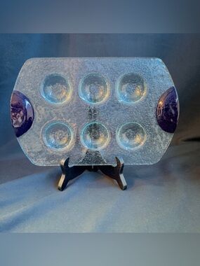 Escargot Egg Serving Plate In Textured Glass with Purple Cobalt Blue Handles